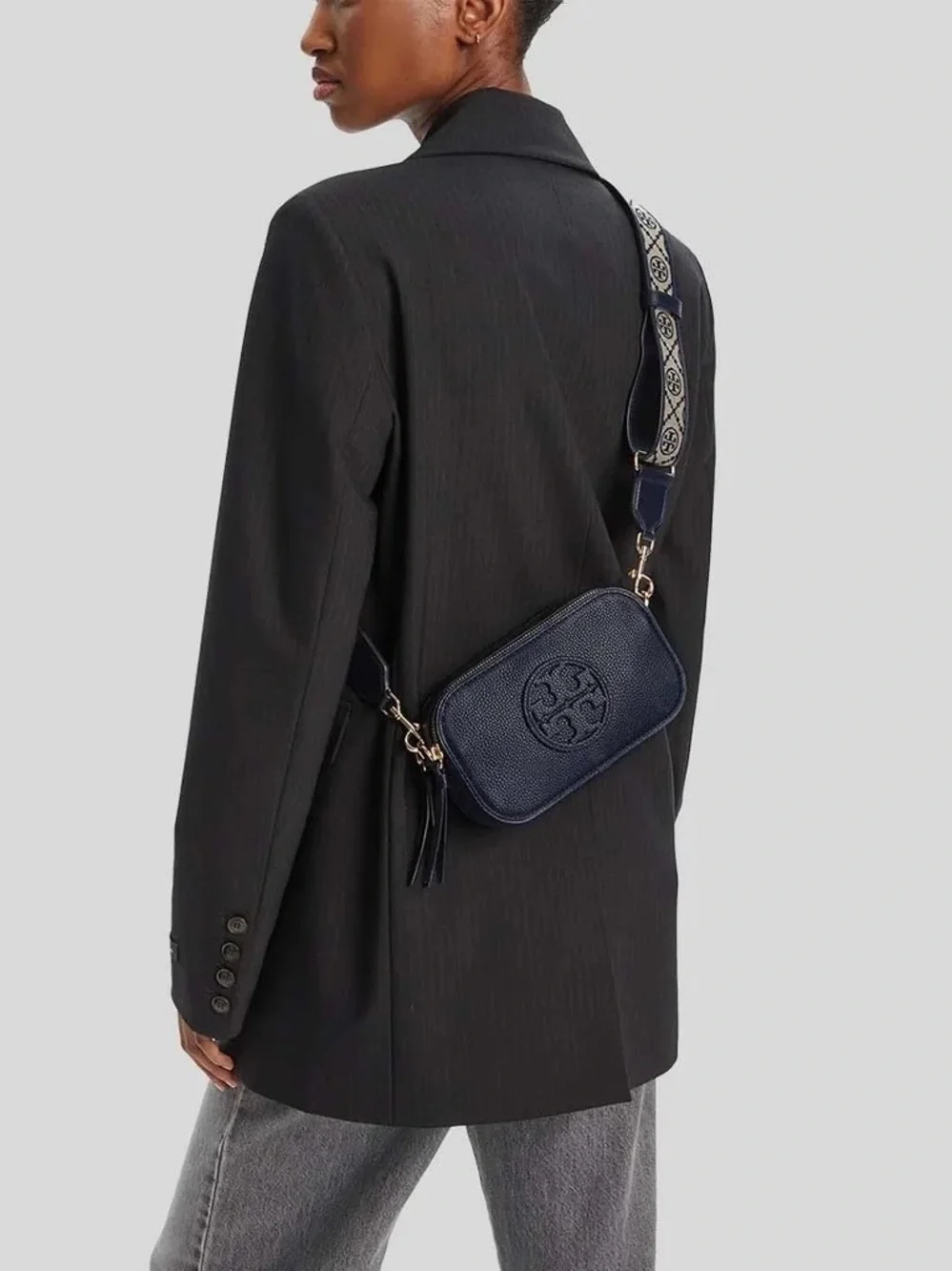 TORY BURCH Mini Miller Crossbody Bag Navy Blue Pebbled Leather